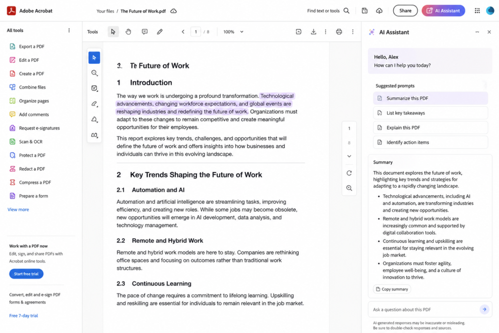 Adobe Acrobat AI Assistant summarizing a PDF