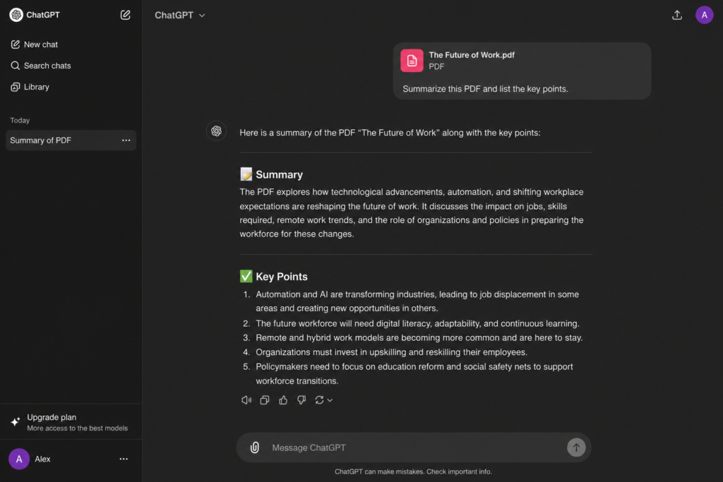 ChatGPT analyzing and summarizing a PDF document