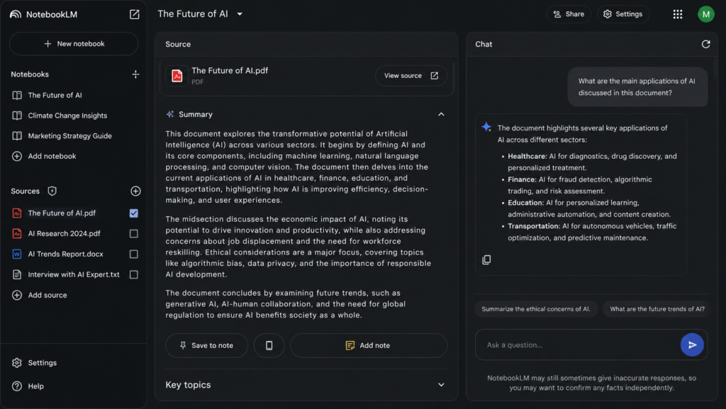 Google NotebookLM summarizing PDF documents with AI