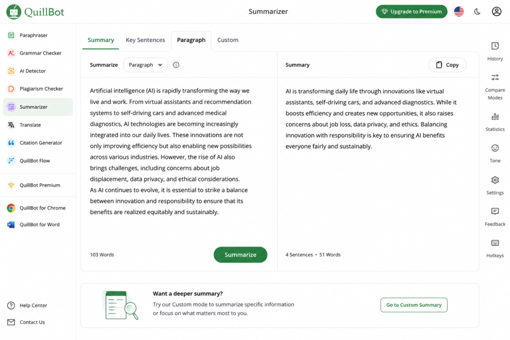 QuillBot AI summarizer interface