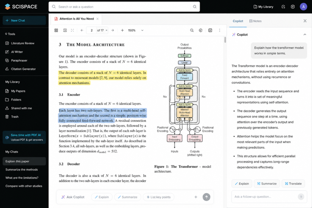 SciSpace AI summarizing academic research papers