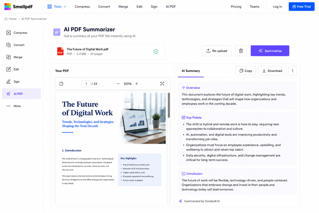 Smallpdf AI summarizing a PDF document