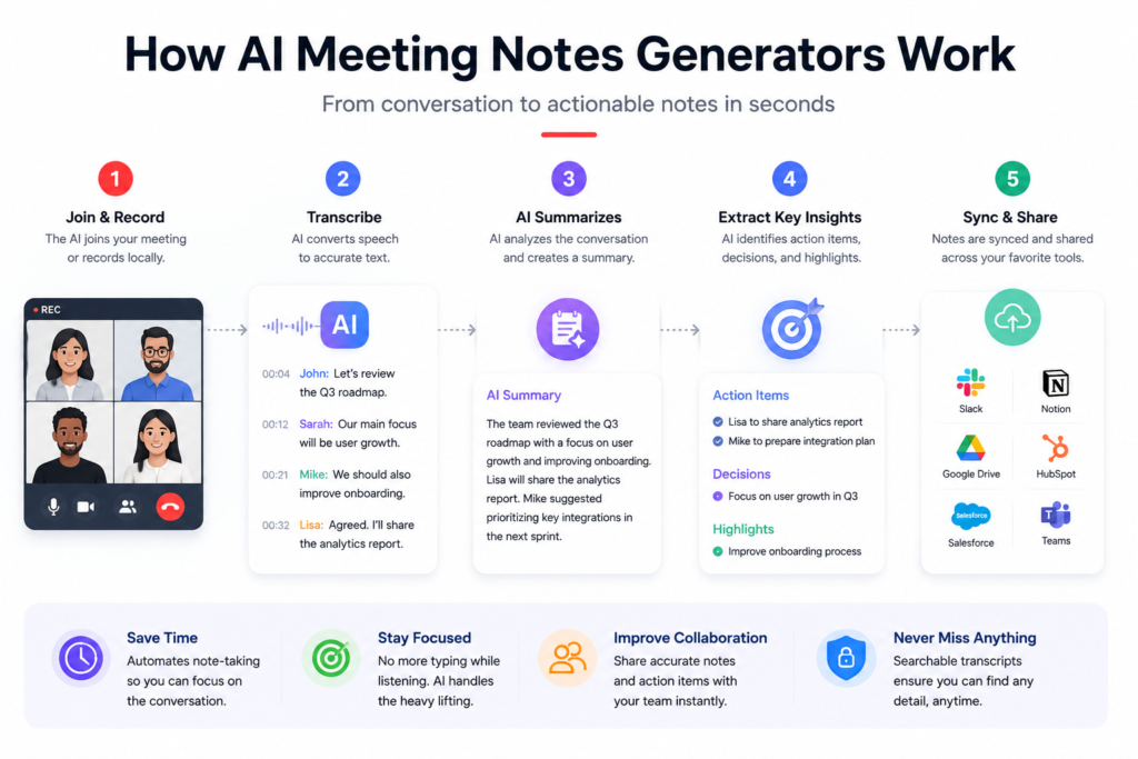 AI meeting notes workflow from recording to transcript, summary, and action items