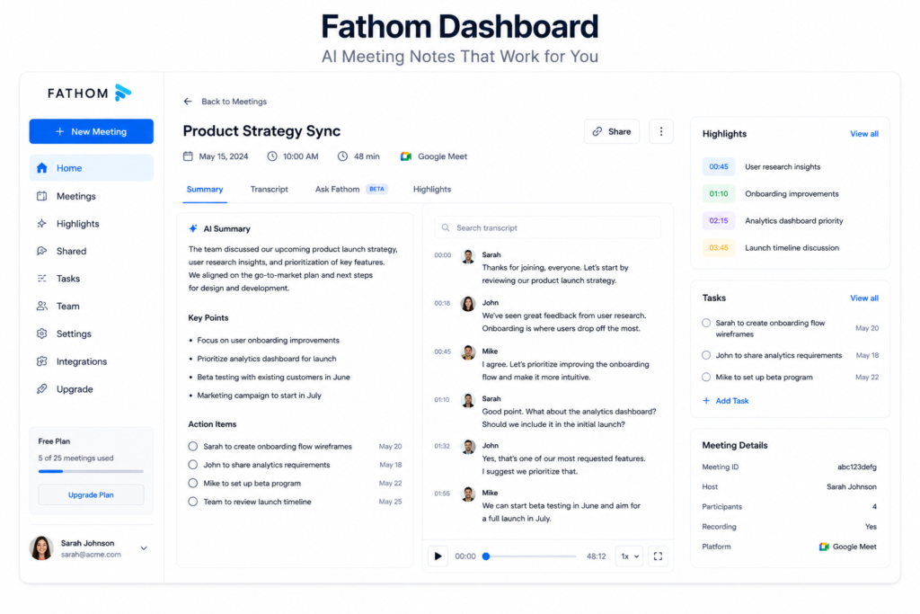Fathom AI meeting assistant interface