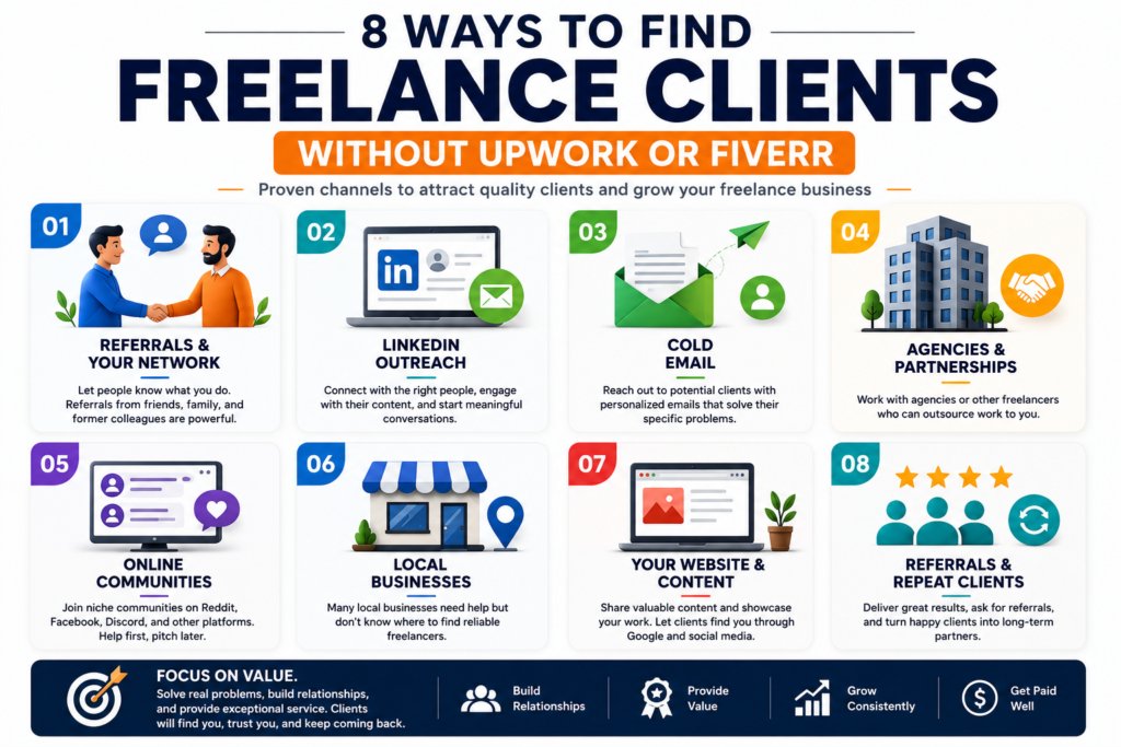 Ways to find freelance clients through referrals, LinkedIn, cold email and partnerships