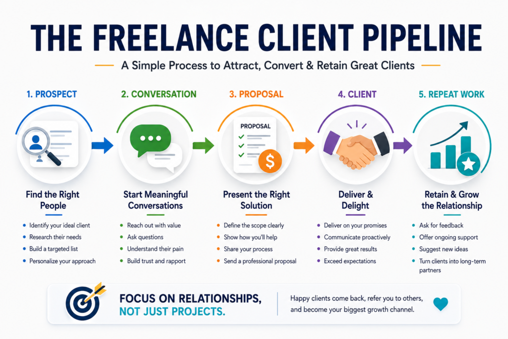 Freelance client pipeline from prospect to repeat work