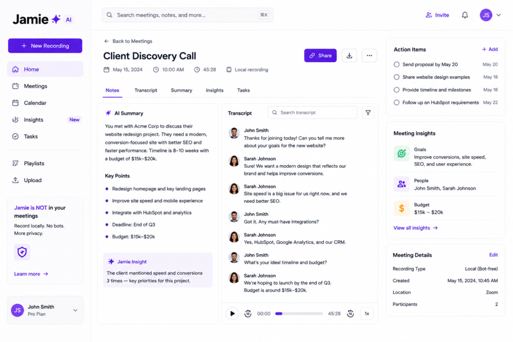 Jamie AI bot-free meeting note taking interface