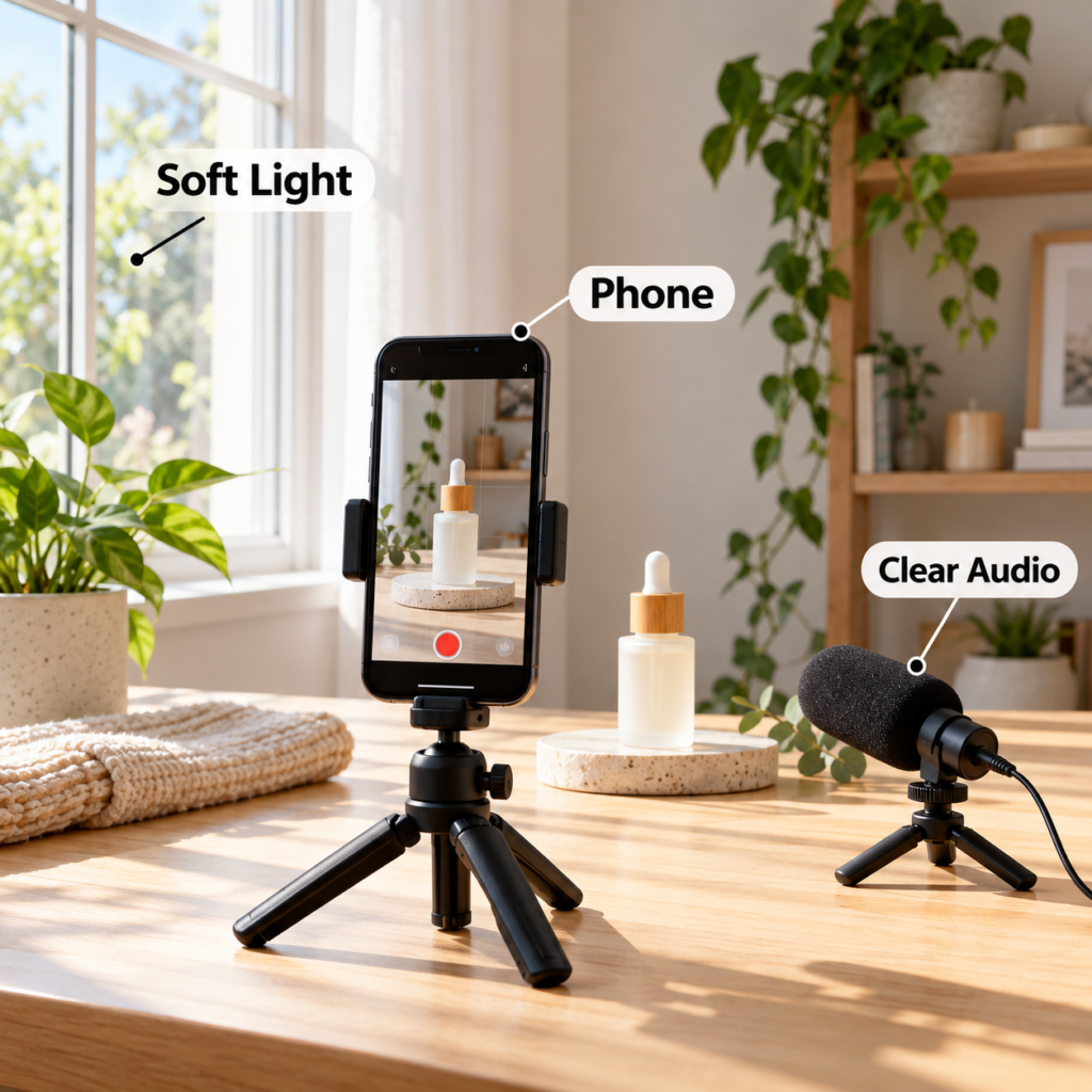 Simple beginner UGC creator setup with phone, soft light and clear audio