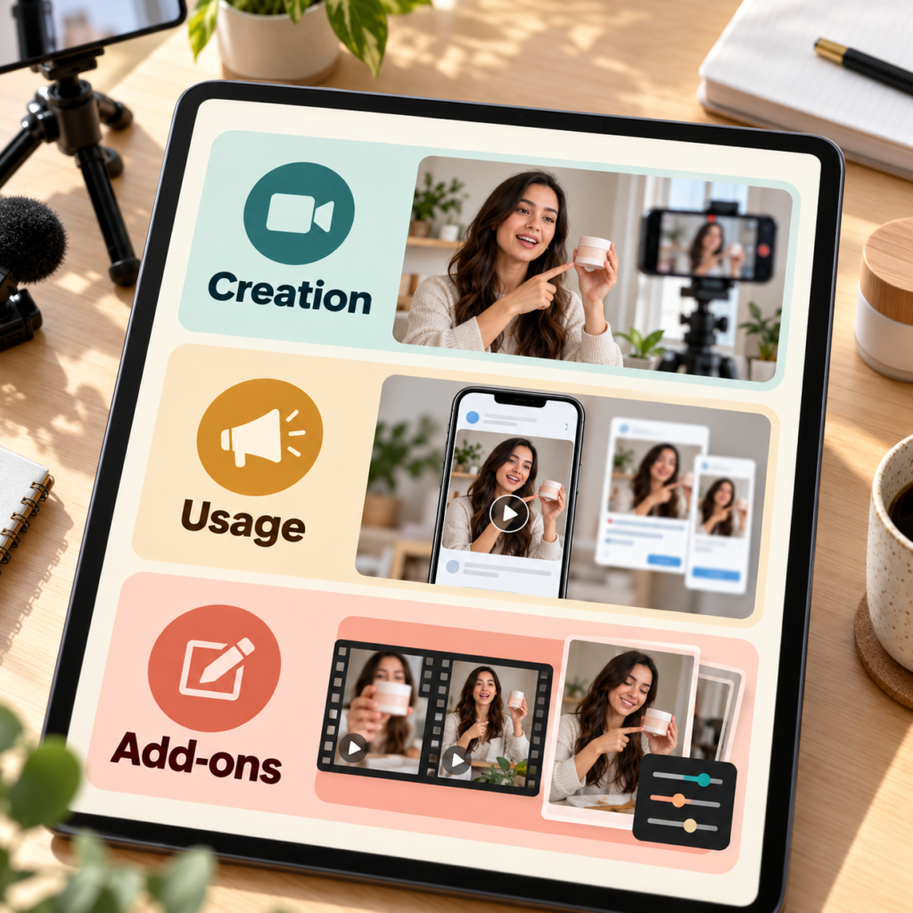Beginner UGC creator quote separated into creation fee, usage rights and add-ons