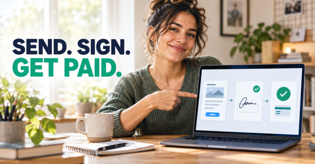 Freelancer reviewing a digital proposal with e-signature and payment options