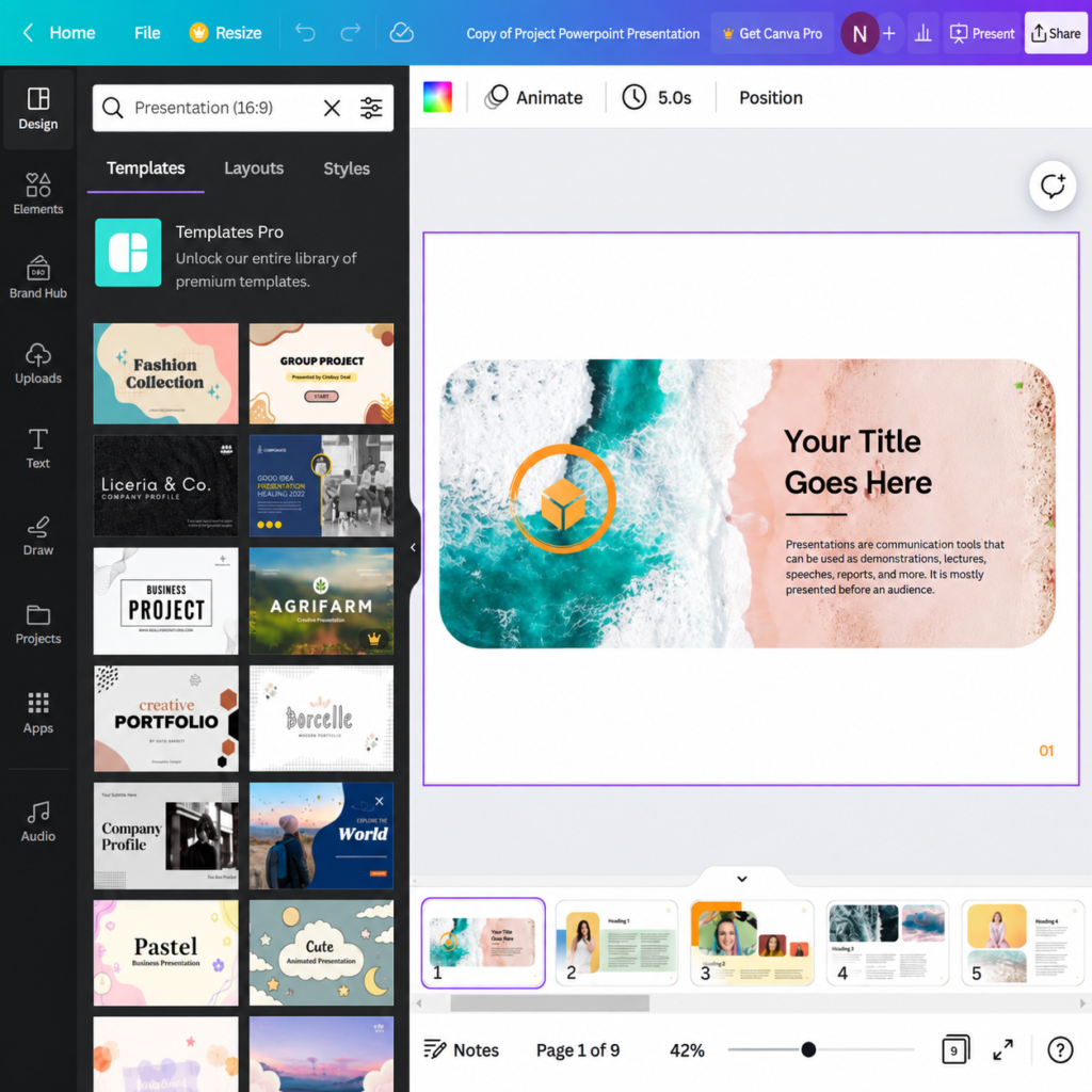 Canva AI presentation editor with templates and design controls