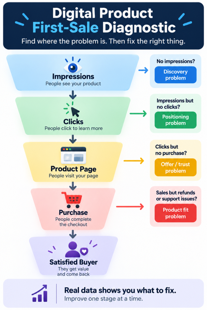 Digital product first sale funnel from impressions to purchase
