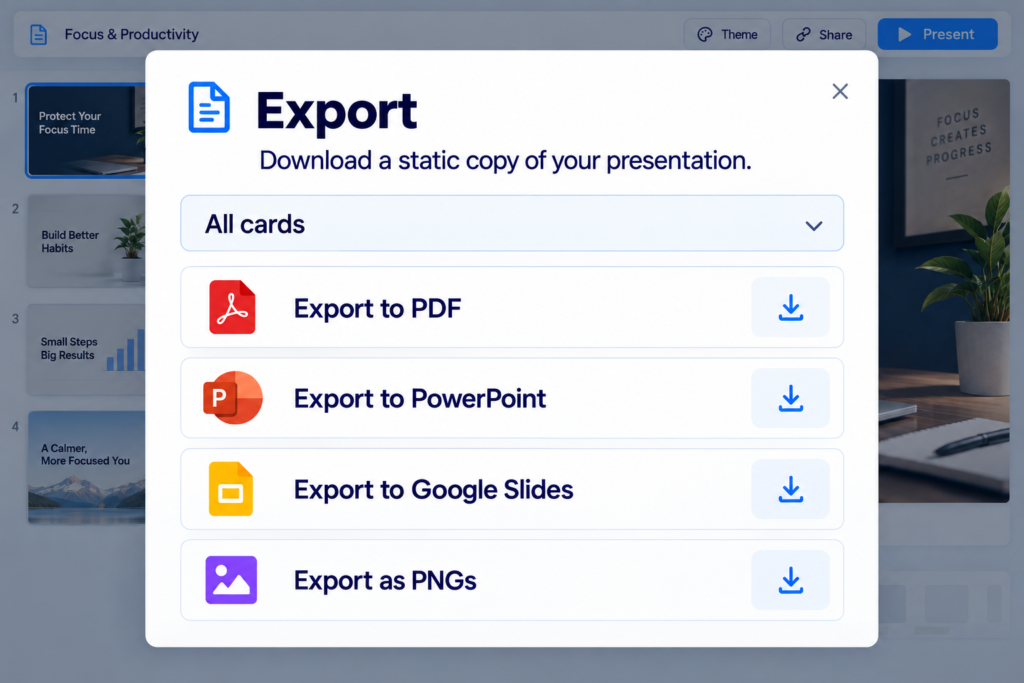 Gamma presentation export options including PowerPoint