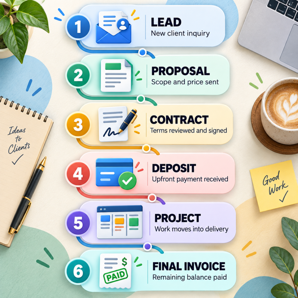 Freelance workflow from lead and proposal to contract, deposit, project and invoice