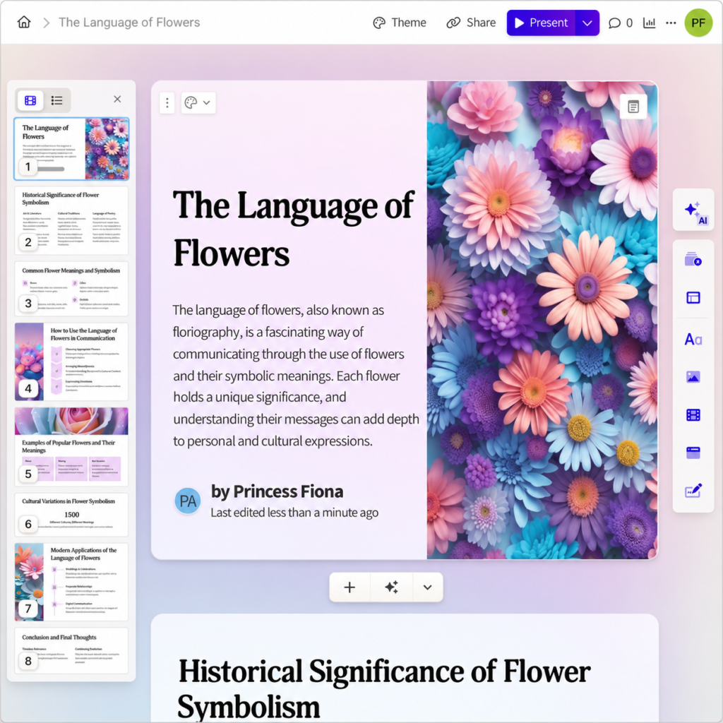 Gamma AI presentation maker showing a generated web-based presentation