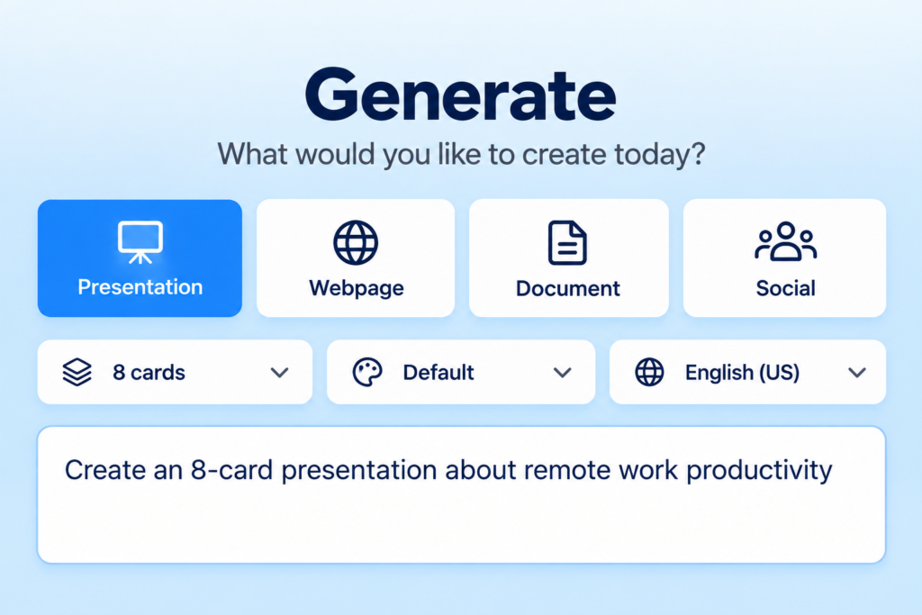 Detailed Gamma AI presentation prompt entered in Generate mode