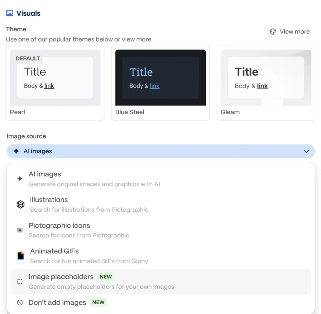 Choosing a theme and image settings for a Gamma presentation