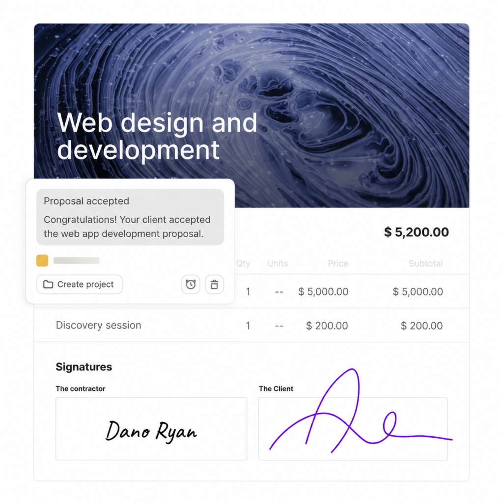 Moxie dashboard connecting a freelance proposal with client and project management