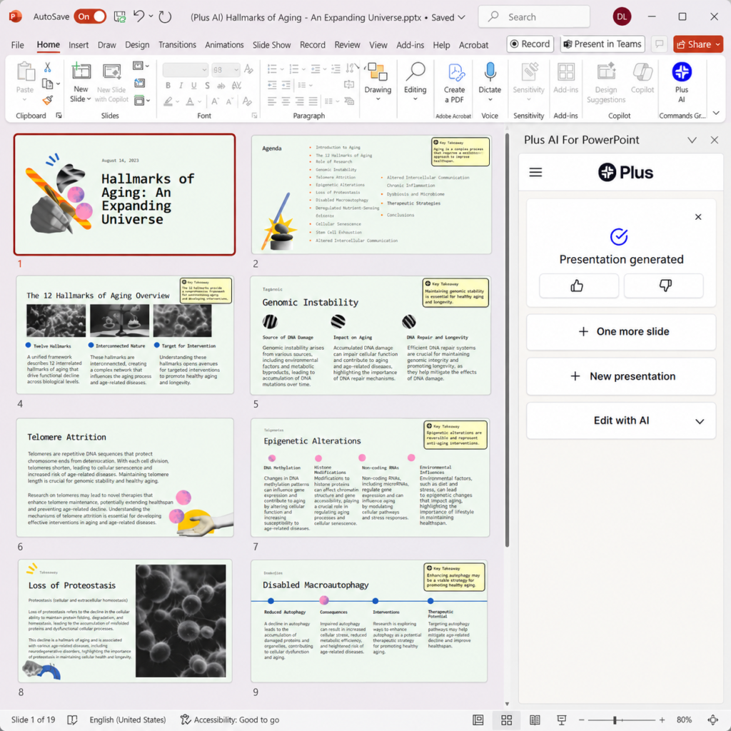 Plus AI creating and editing a presentation inside Microsoft PowerPoint