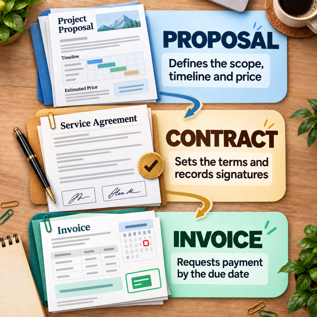 Difference between a freelance proposal, contract and invoice