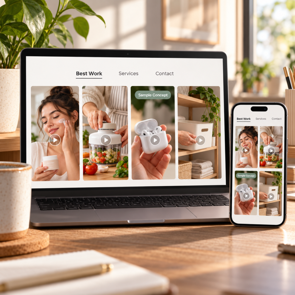 UGC creator portfolio with sample videos, services and contact information