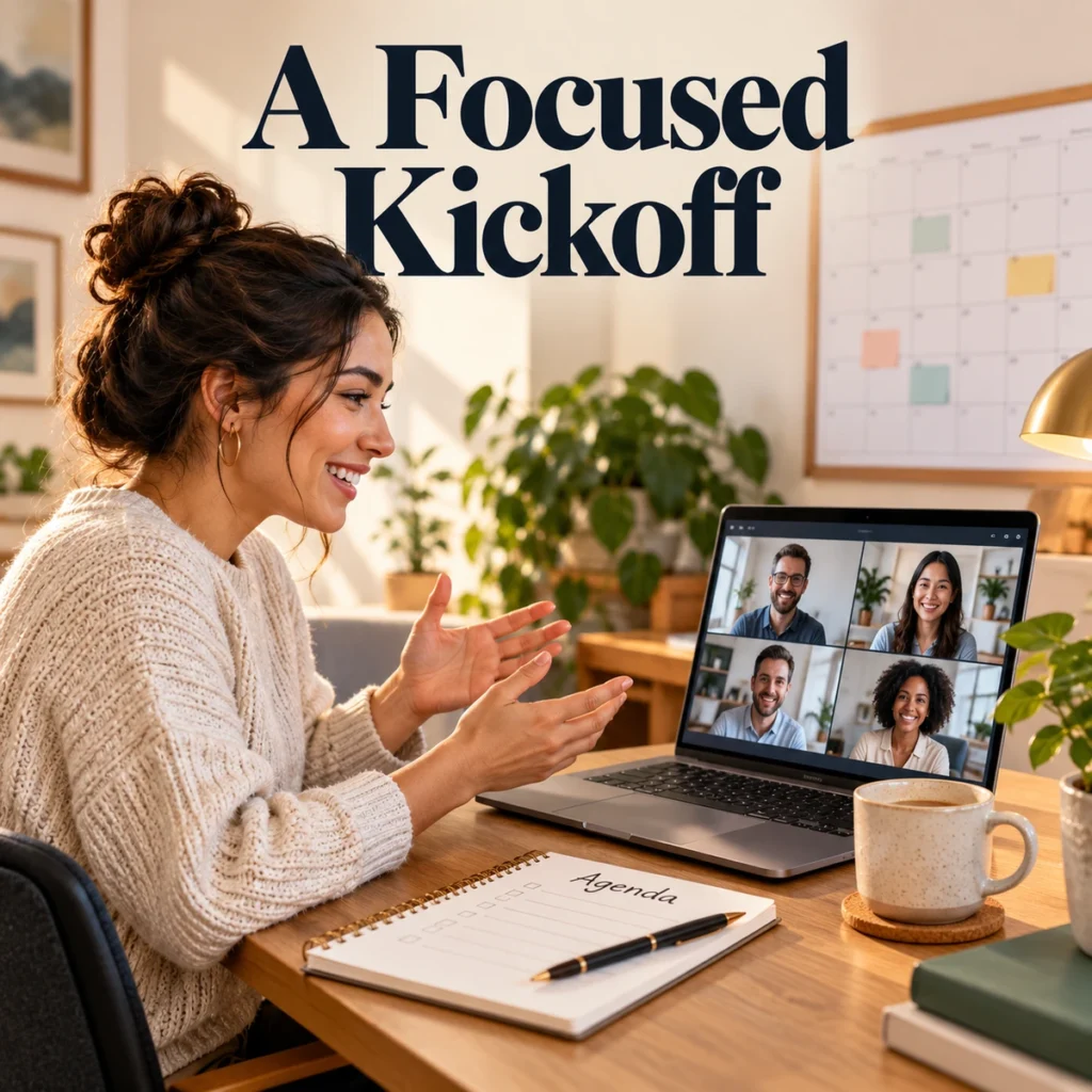 Freelancer on a client video call with agenda notebook and calendar nearby