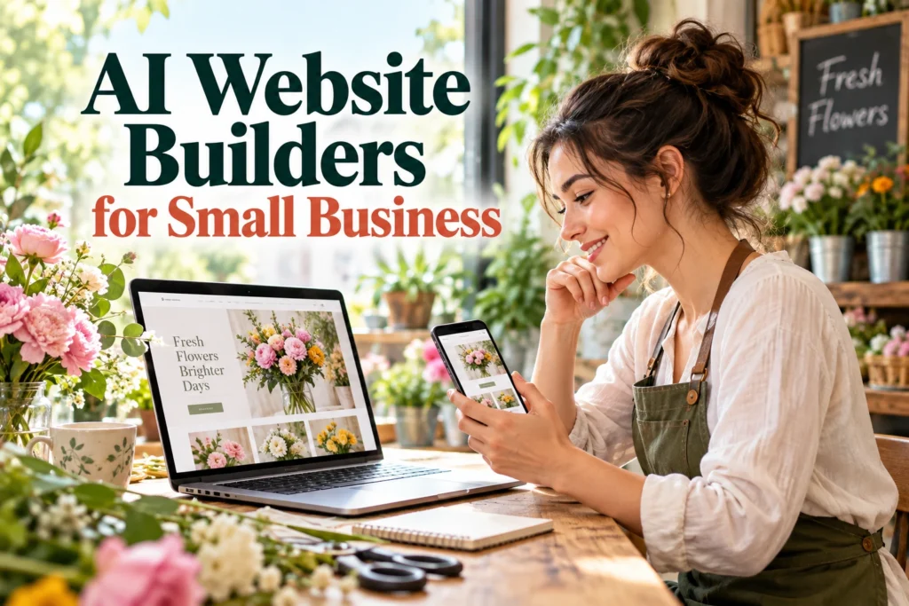 Small flower-shop owner reviews her business website on laptop and phone, bright natural setting