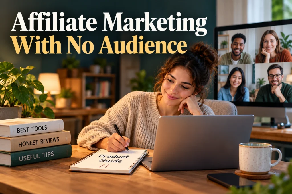 Creator at a laptop preparing a useful product guide while a small group of readers appears in a distant screen
