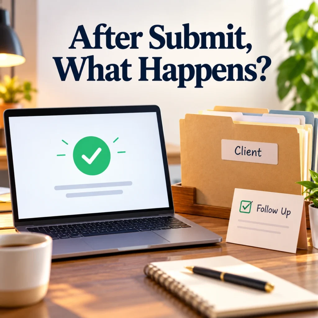 Submitted form with a green confirmation check beside an organized client folder and follow-up task card