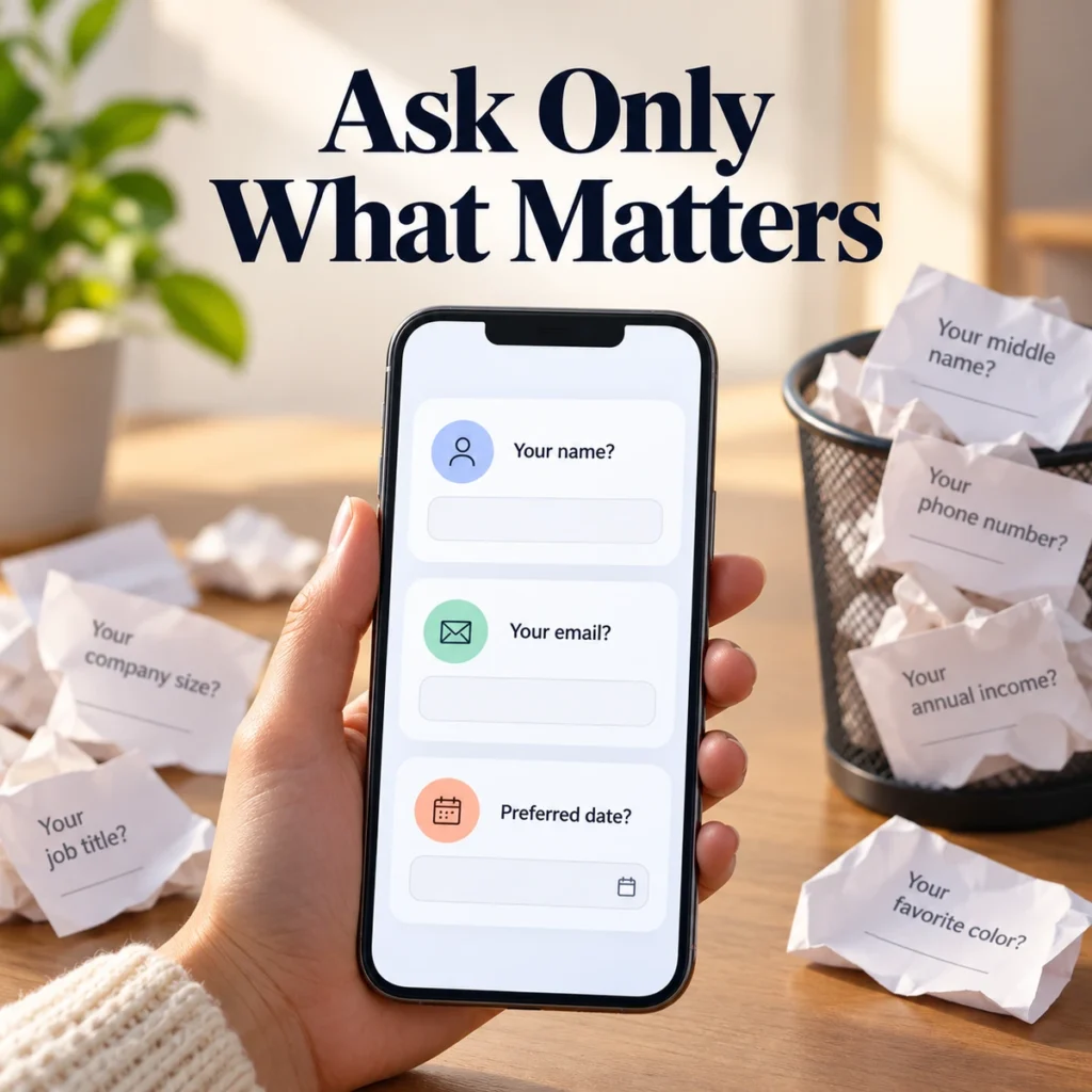 Clean mobile form with a few large simple question icons and discarded redundant cards in background