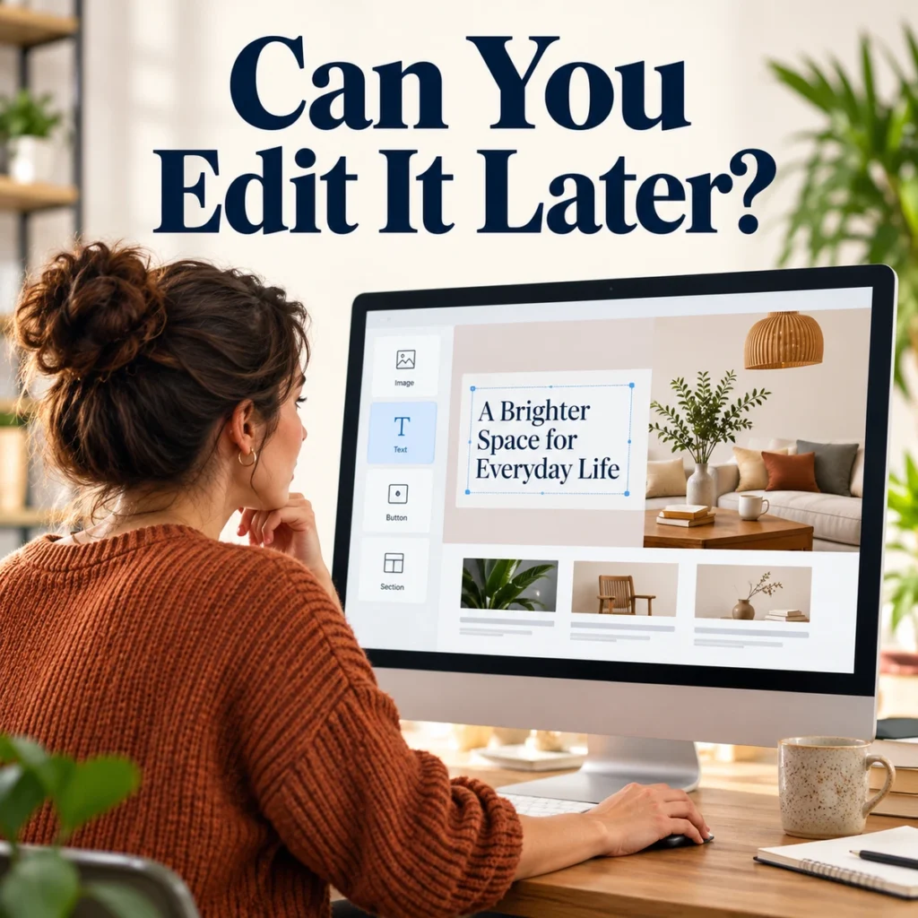 Business owner changes a website page in an illustrative visual editor