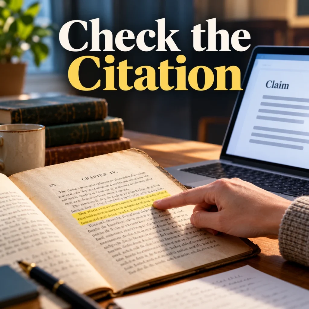 Hand points to a highlighted passage in an original document while a claim is visible as abstract lines on a laptop