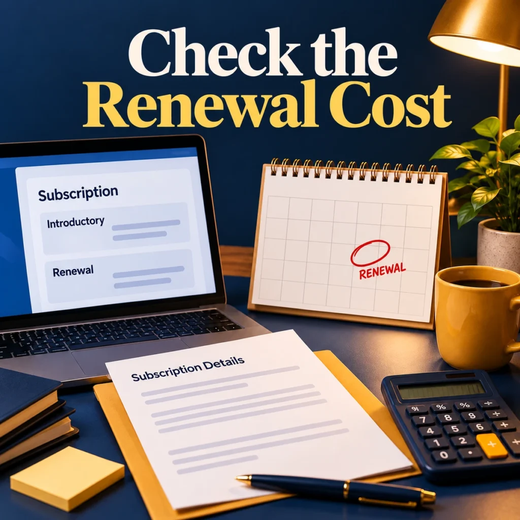Generic website subscription documents with no prices beside a renewal calendar and calculator
