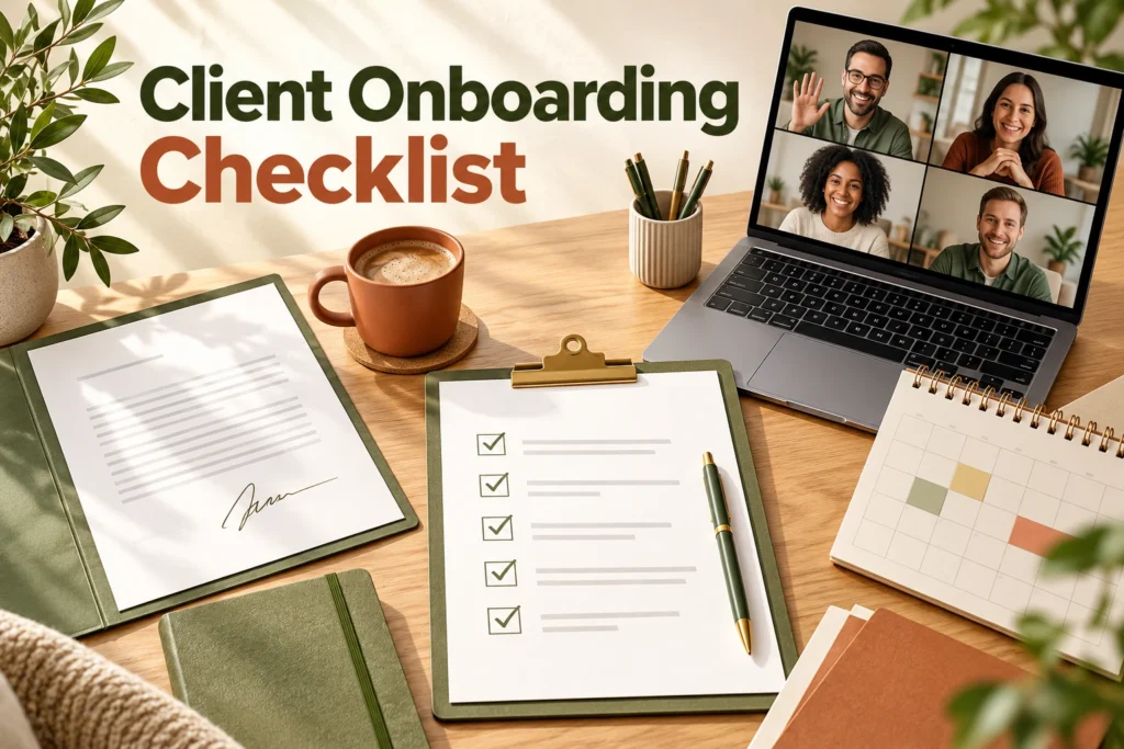 Warm desktop with signed agreement, checklist and laptop kickoff meeting