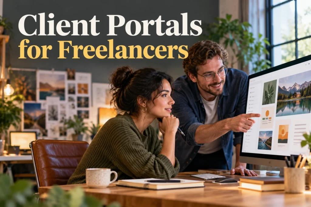 Freelancer and client reviewing a project on a large monitor in a creative studio