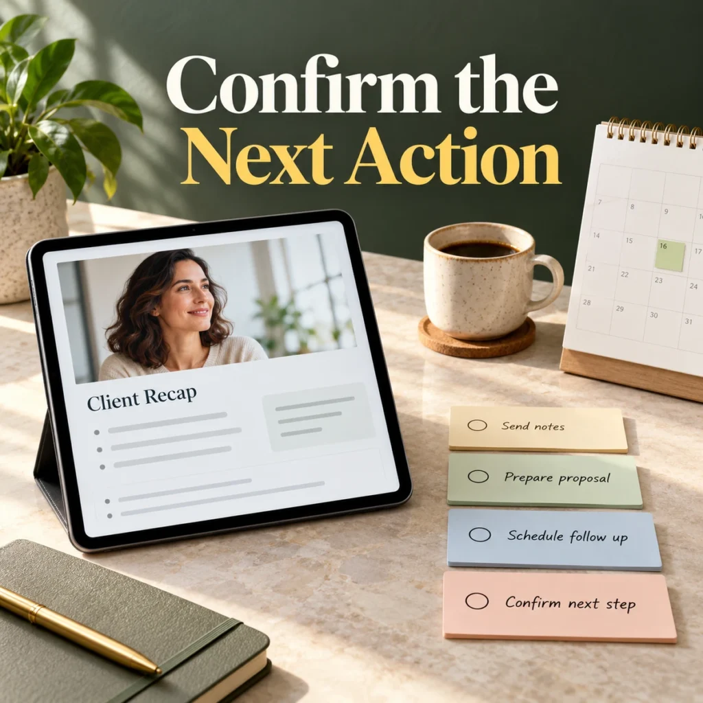Client recap on a tablet beside organized action cards and a calendar