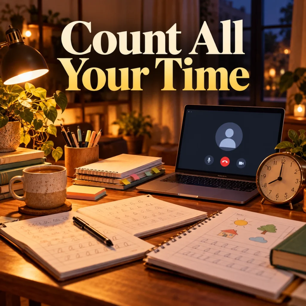 Evening lesson preparation desk with clock, laptop and practice sheets