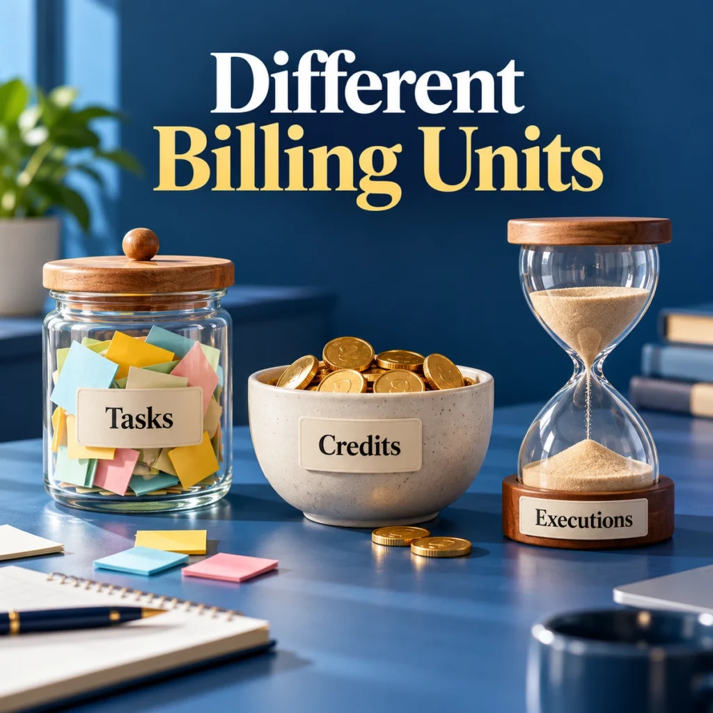 Three distinct containers labeled Tasks, Credits, Executions on a blue business desk