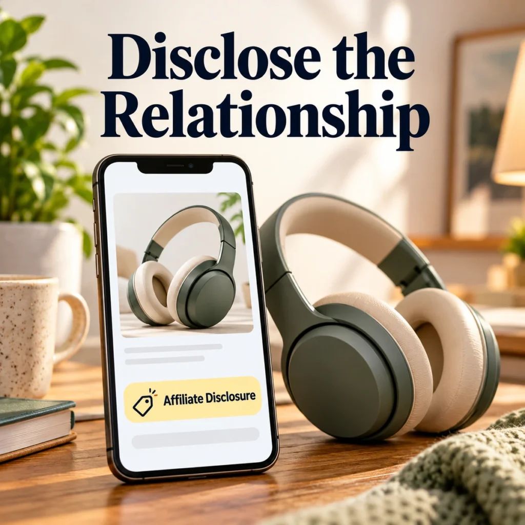 Phone with a prominent Affiliate disclosure label beside a relevant product illustration