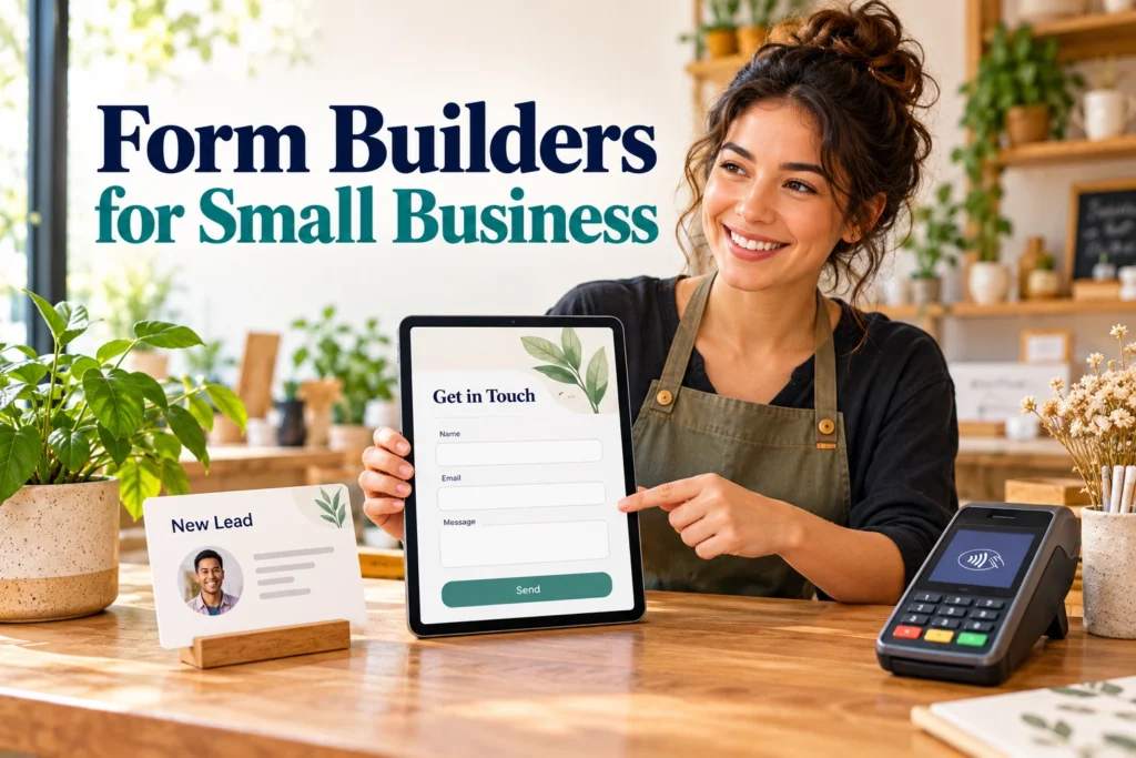Friendly editorial illustration of entrepreneur with mobile form, lead card and payment terminal
