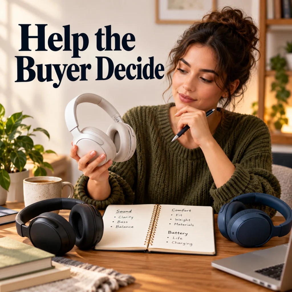 Creator comparing practical product details at a desk, headphones and research notebook