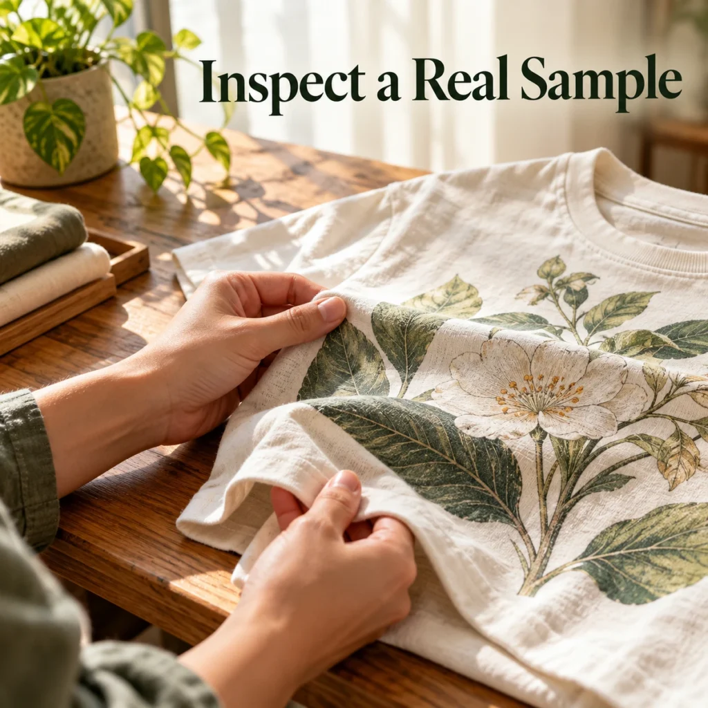 Hands inspect the print and fabric of a botanical t-shirt under natural light