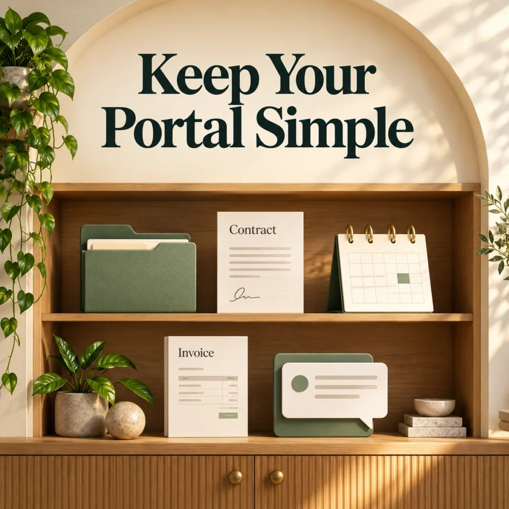 Beautiful shelving cabinet with five project objects: folder, contract, calendar, invoice and message card