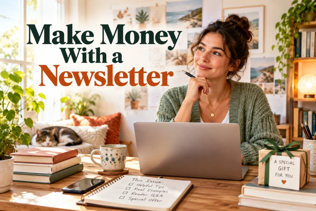 Newsletter creator at laptop planning a useful issue and a small reader offer in bright home studio