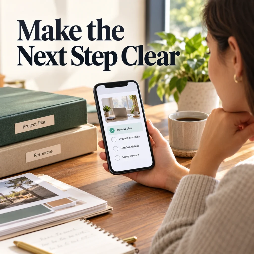 Client looking at a clear digital action card on a phone, folders and project materials nearby
