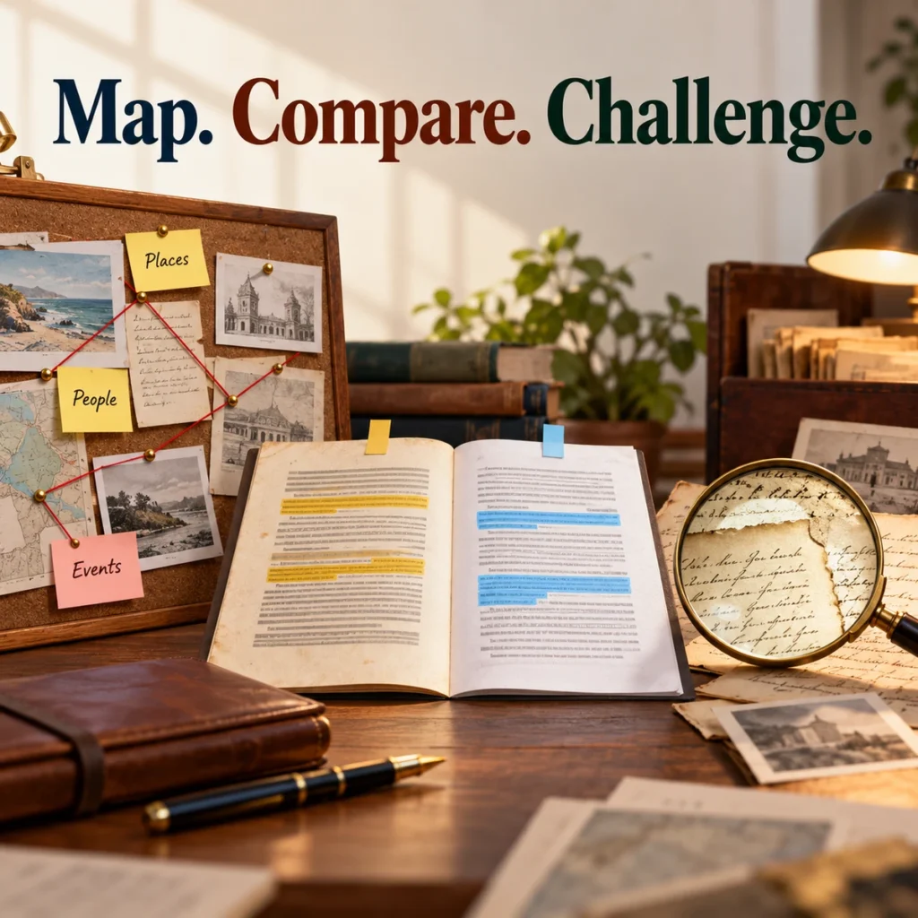 Three rich editorial scenes showing document organization, comparing passages and investigating evidence with a magnifier