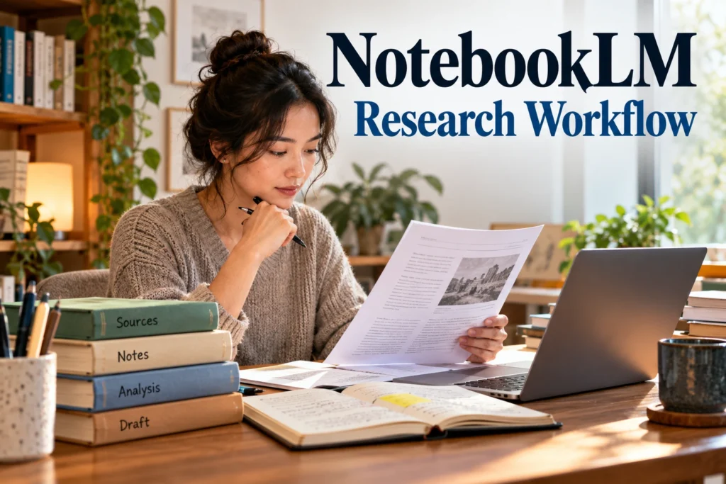Researcher checking a source document beside a laptop and organized research notebooks