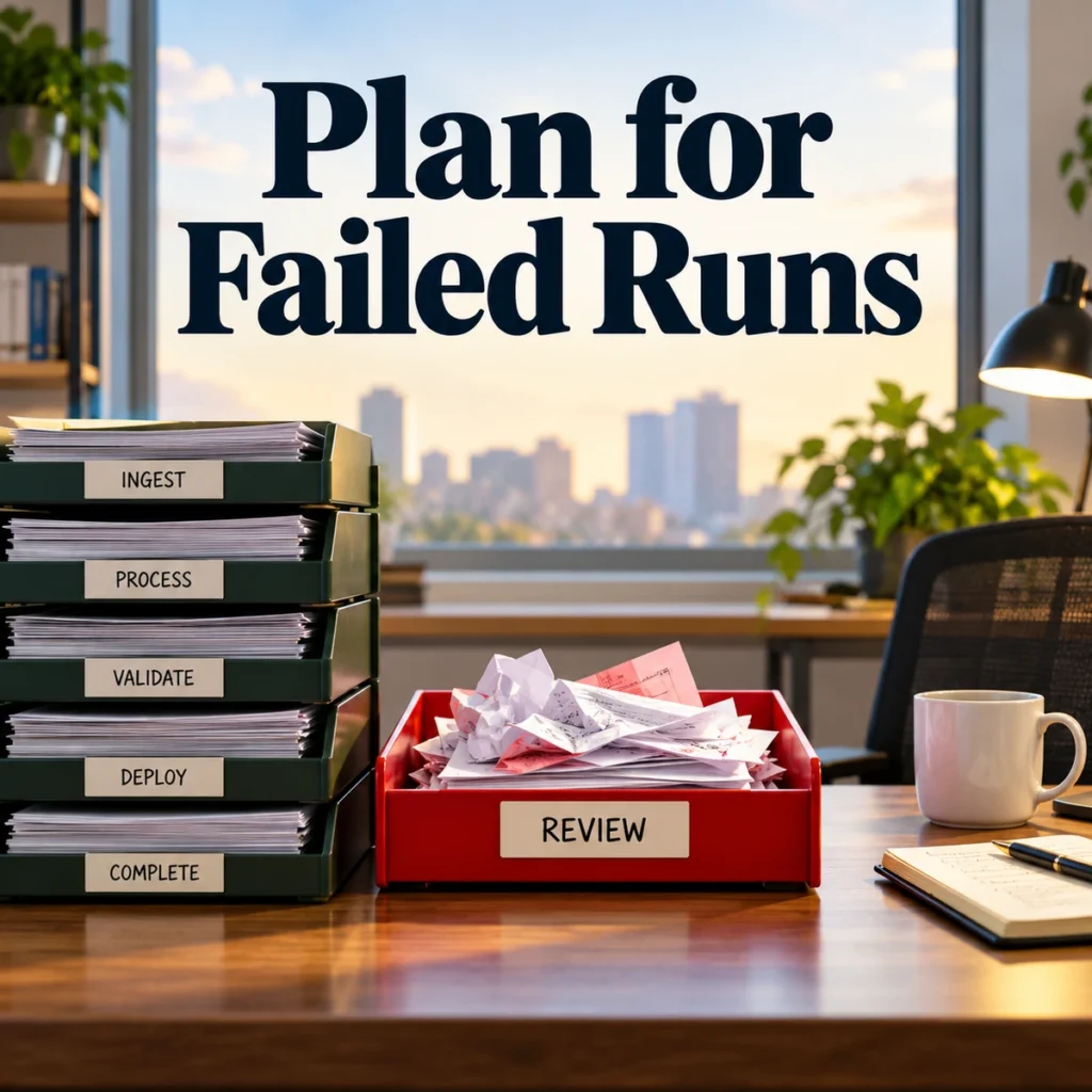 Business monitoring desk with a red review tray among completed workflow folders