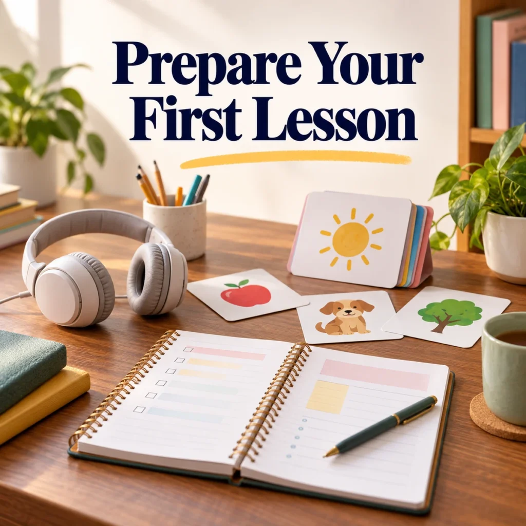 Organized teaching desk with headphones, exercise cards and a lesson notebook