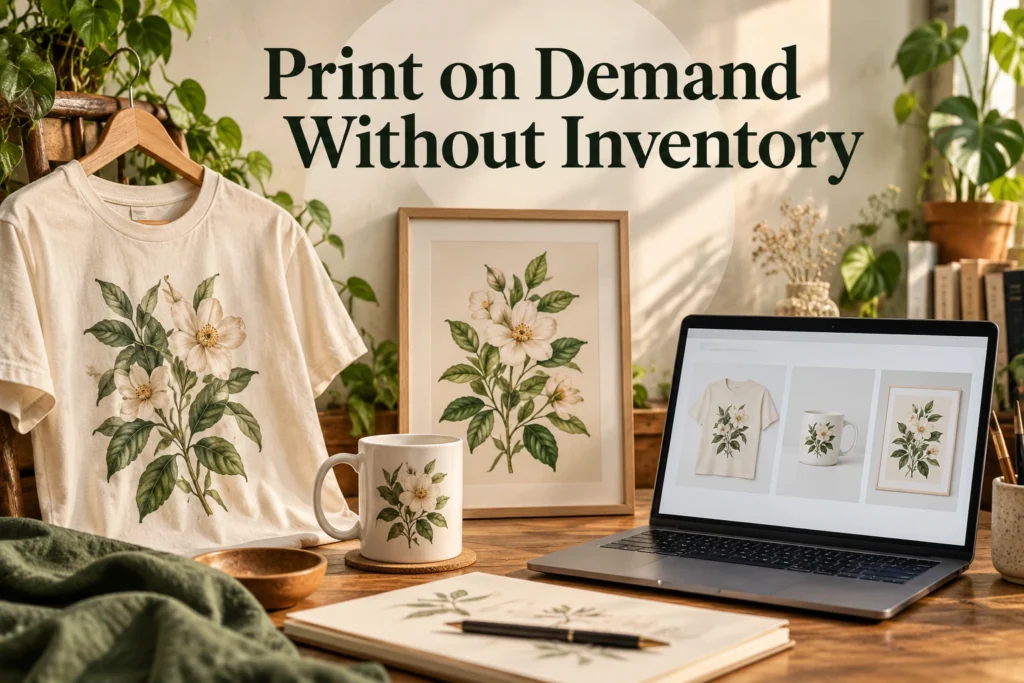 Tasteful small collection of original botanical t-shirt, mug and art print with product design laptop